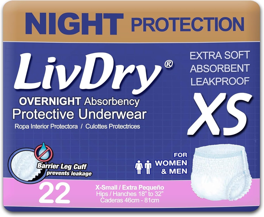 LivDry Adult XS Inkontinence Alusvaatteet, Yön mukavuus, Vuotosuoja, X-Small, 22-pakkaus