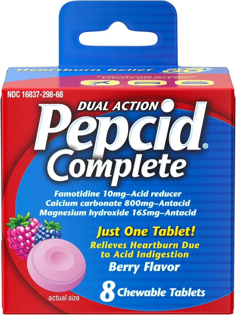 Pepcid Acid Complete Reducer + Antax for Acid Reflux, 10mg Fomotidine, 800mg Calcium Carbonate & 165mg Magnesium Hydroxide per Heartburn Medicine Tablet, Antax Chews, Berry, 8 ct