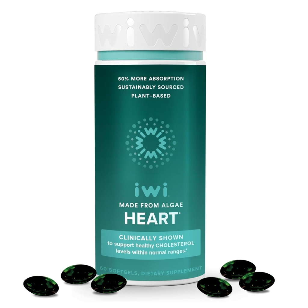 Iwi Life Heart Omega-3, 60 Softgels (30 Servings), Vegan Plant-Based Algae Omega Fatty Acids + EPA, Heart Health Support Dietary Supplement, Krill & Fish Oil Alternative, No Fishy Aftertaste