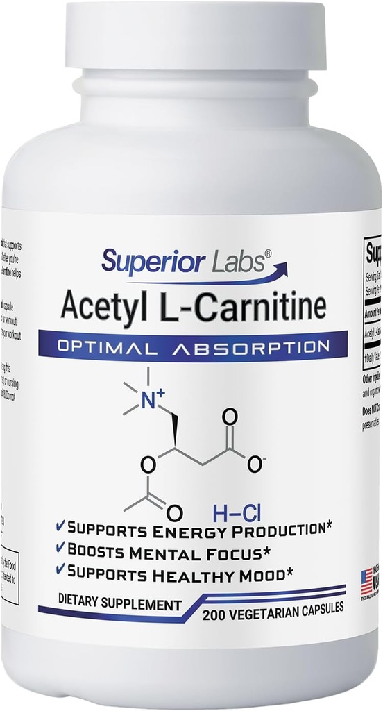 Labs Superior Acetyl L-Carnitina 500 mg, ALCAR ad alta potenza, Pure Non-GMO, Additivi Sintetici Zero, Assorbimento Massimo, Metabolismo Energetico e Grasso, Cervello, Nerve & Supporto Detox Cellulare, (200 Caps Veg)