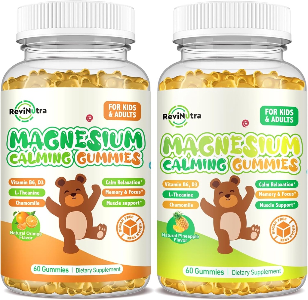 Magnesium Gummies for Kids - Magnesium Glycinate-lisä L-Theanine, B6-vitamiini, D3-vitamiini aikuisille ja lapsille, Rauhallinen magnesium uni, rentoutuminen, aivot, luut, appelsiini ja ananas