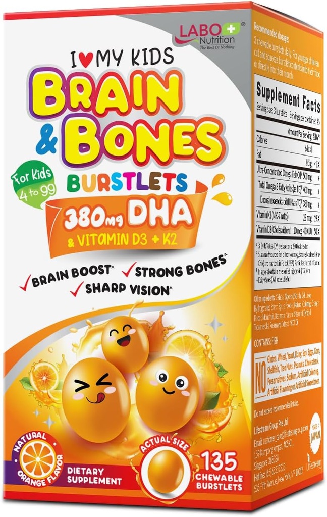 LABO Nutrition I My Kids Brain & Bones Chewable Burstlet, gluten Free, for Stronger Bones & Behavioral Management, 76% Ultra- Koncentrované rTG Form Omega 3 DHA Fish Oil, Vitamin D3 & K2, Orange