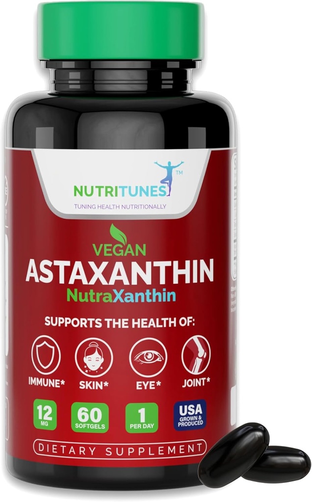 Astaxanthin 12mg טבעוני Softgels - High Potency Antioxidant for Skin, Eye & Immune Support - Non-GMO, Free of Gluten, Soy, Lactose & BSE, 60 Softgels, 2 Monteh אספקת אספקה