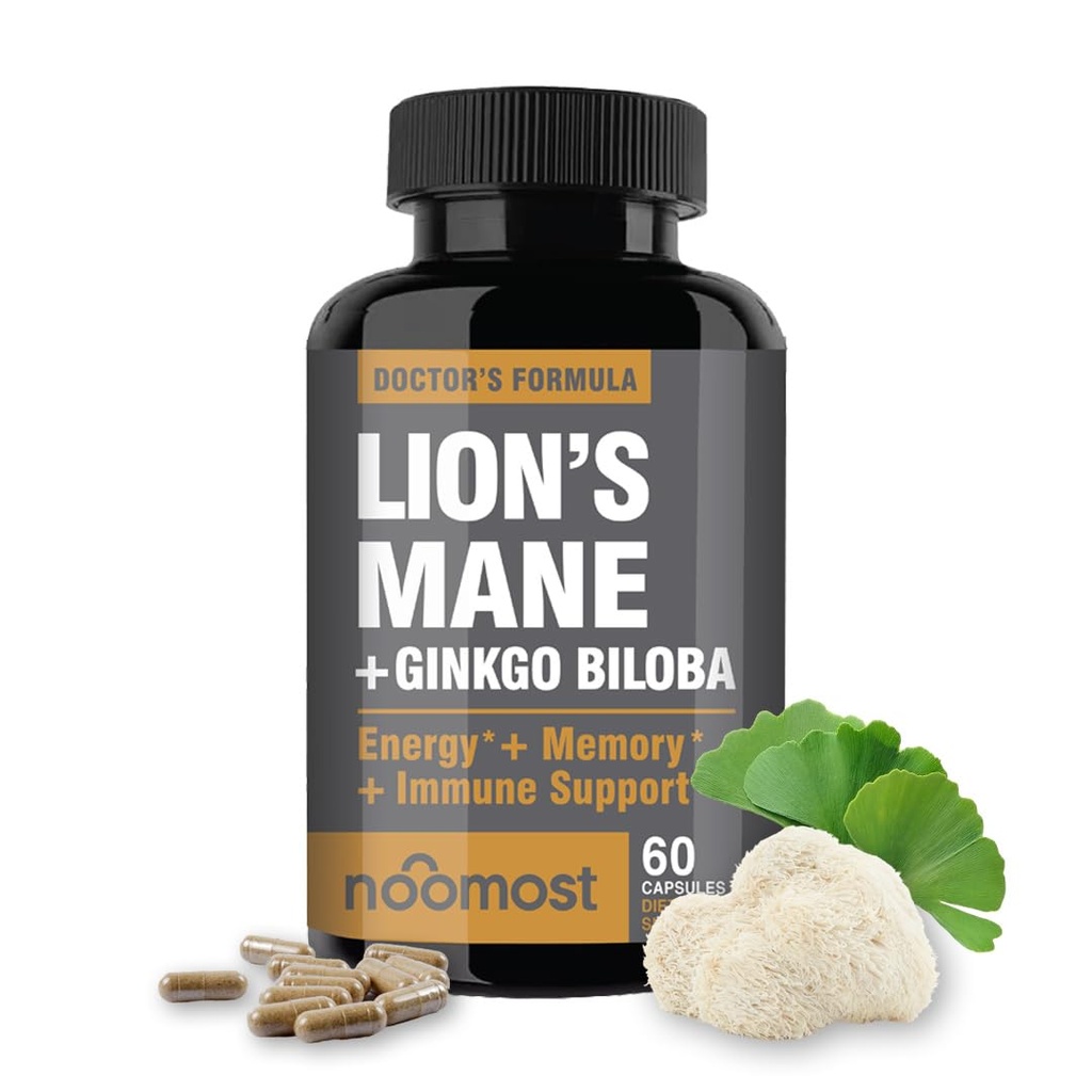 NooMost Lions Mane Mushroom Supplement Capsules 1080mg With Ginkgo Biloba - Energy, Focus, Clarity & Memory Support - Real Superfood for Brain Health for Men & Women - Made in USA - 60 Veg Caps