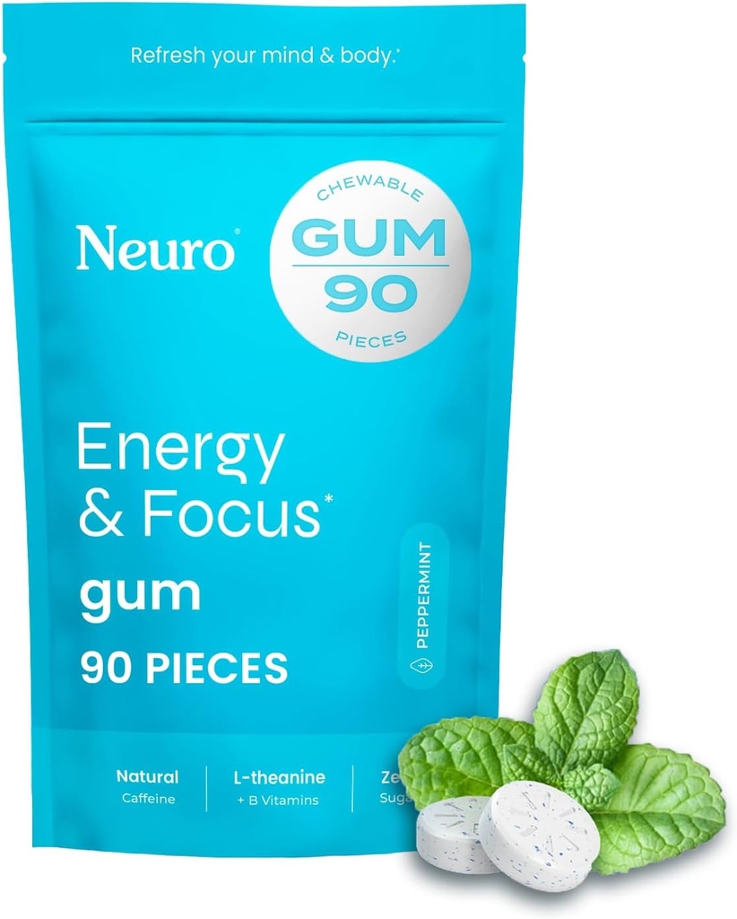 NeuroGum Energy & Focus Gum (90 Count Bag, Peppermint) | 40 мг натурального кофеина + L-теанин + витамин B12 и B6 + ксилит