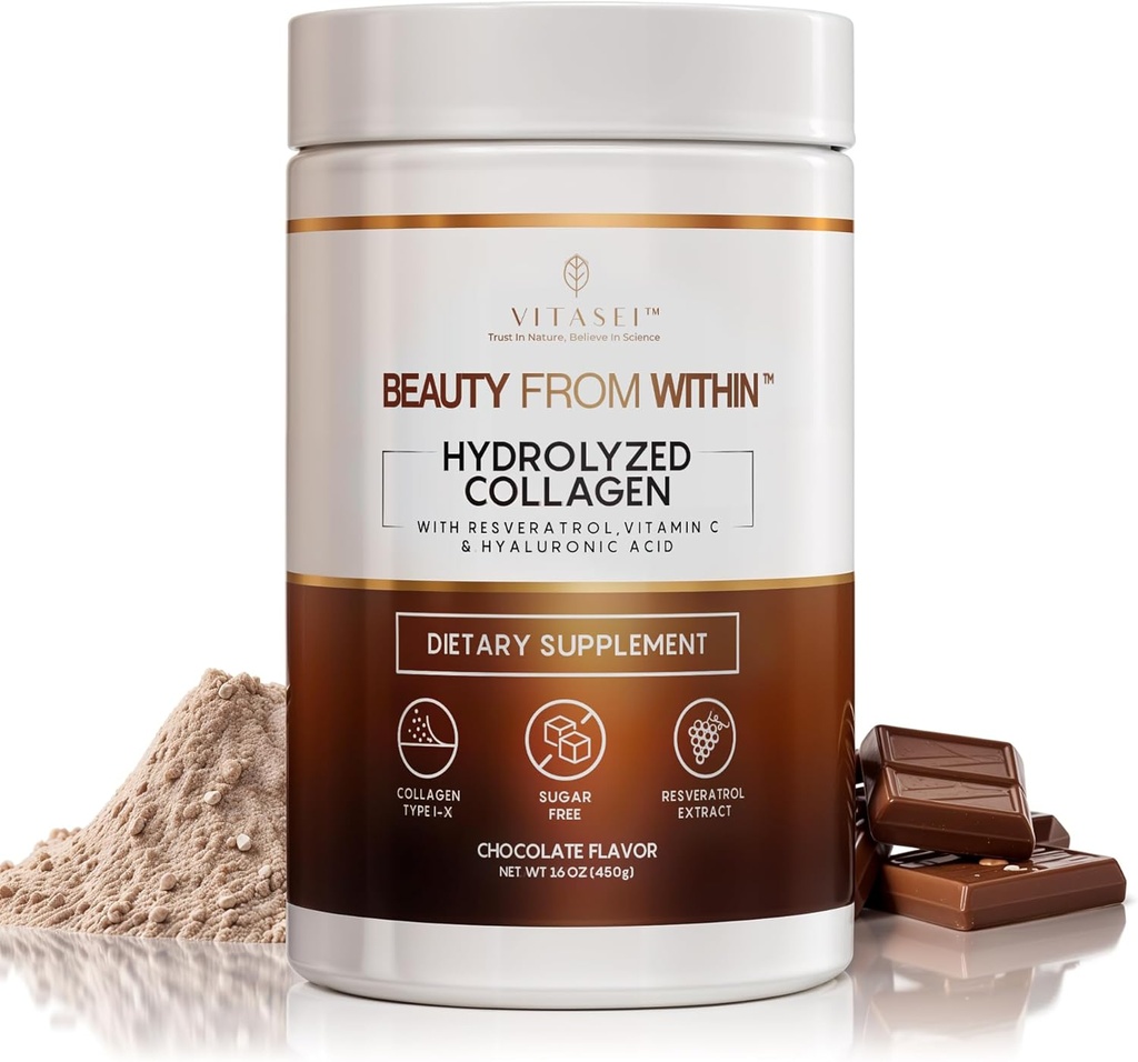 Hydrolyzed Collagen Peptides Powder con vitamina C & Resveratrol - Hair, Skin and Nails Vitaminas para mulleres e homes - Bone and Joint Supplement - Chocolate Flavored - 16 oz