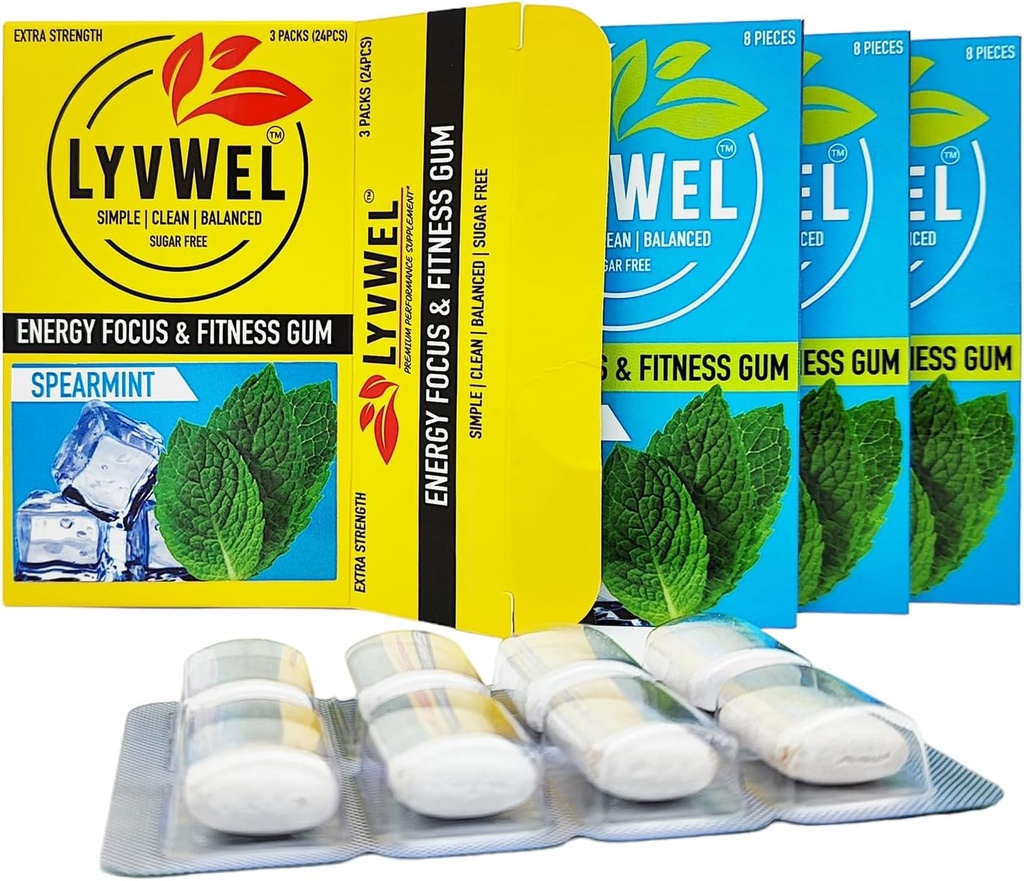 LivWel Energy Gum | 80mg cafeína + 50mg Taurine por xema | Todo natural | Sugar-Free Pre-Workout Boost: o seu suplemento esencial de enerxía para estar desperto (Spearmint, 3 Pack)