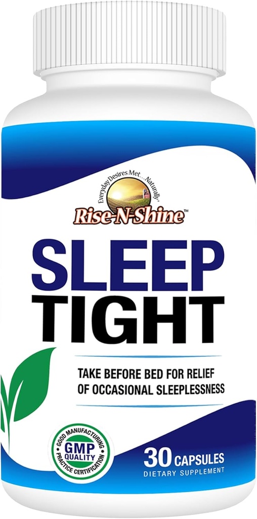 Rise- N- Shine Sleep Tight Supplement z 5 HTP, magnezu, GABA i L- Theanine - dla kobiet i mężczyzn - 30- Day Supply (30 kapsułki)