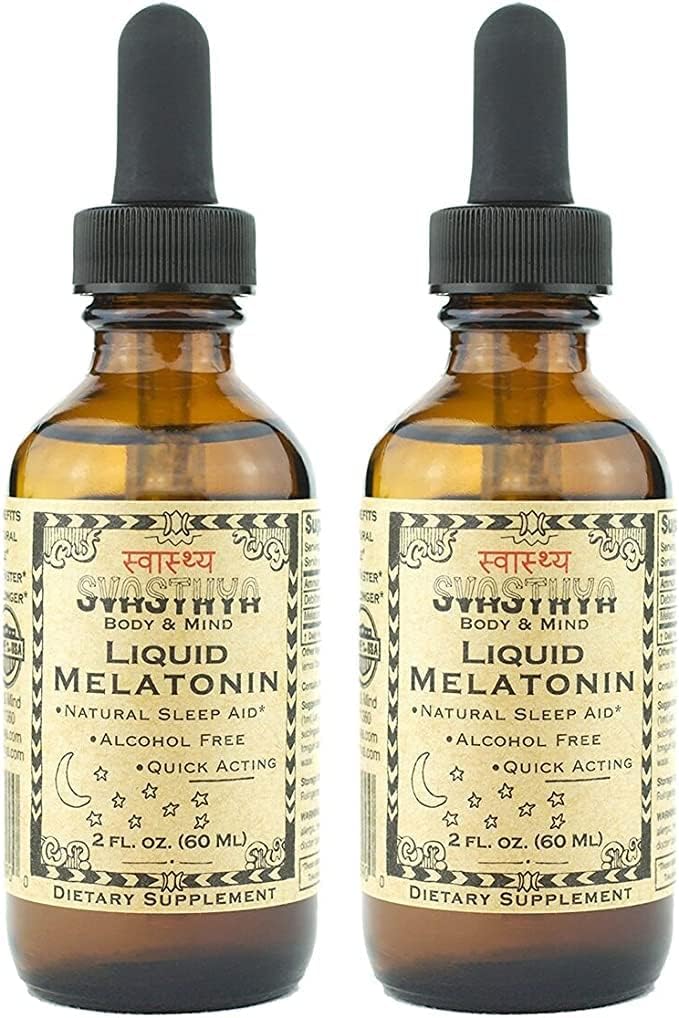 SVASTHYA BODY & MIND Liquid Melatonin - Främjar naturlig sömn - Alkoholfritt för vuxna och barn, gjord i USA, 2 uns, paket med 2