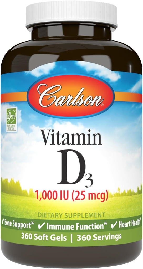 Carlson - 비타민 D3, 1000 IU (25 mcg), 뼈 건강, 근육 건강, Cholecalciferol, 비타민 D 보충교재, 비타민 D3 연약한 젤, 360 Softgels