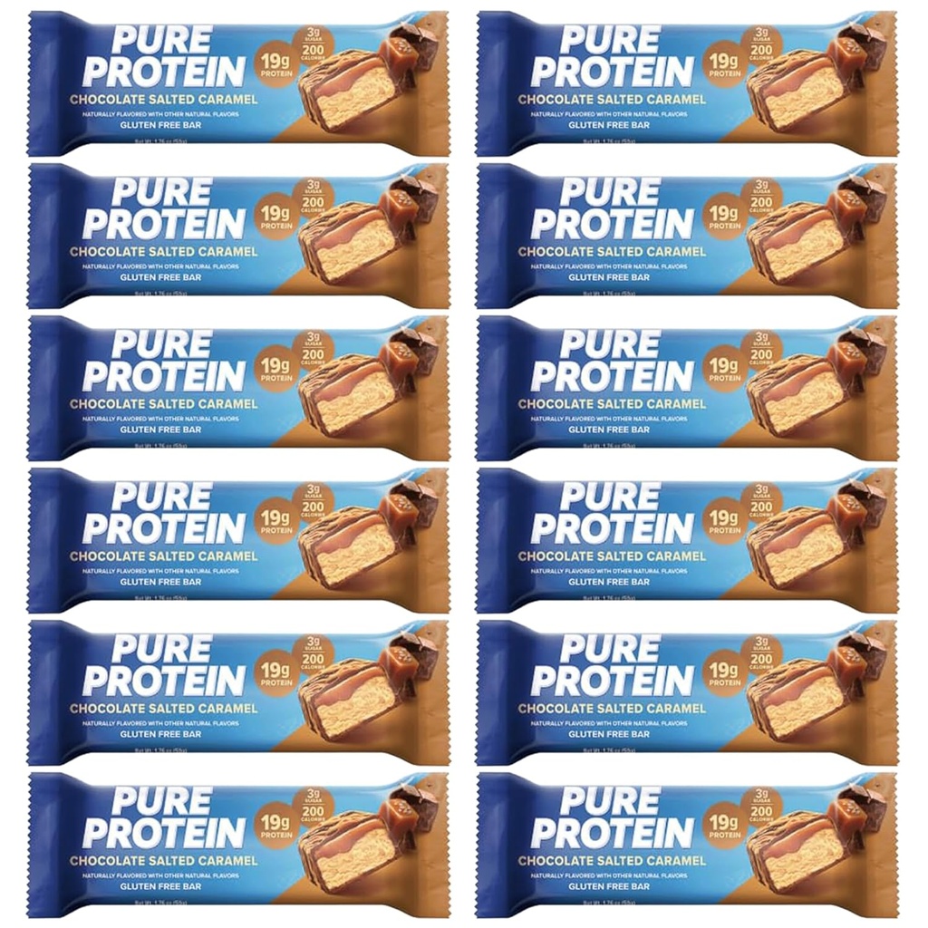 Pure Protein Bars, augsts proteīns, uzturvielu uzkodas, lai atbalstītu enerģiju 1.75 oz zema cukura, bez lipekļa 12 Count sālīta šokolādes karamelis