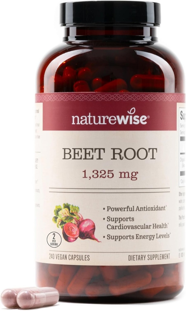NatureWise Beet Root Capsules 1325mg with Organic Beetroot - Nitrogen Oxide Booster for Circulation and Heart Health Support - Vegan, Gluten- Free, Non- GMO - 240 Capsules [120 Day Supply]
