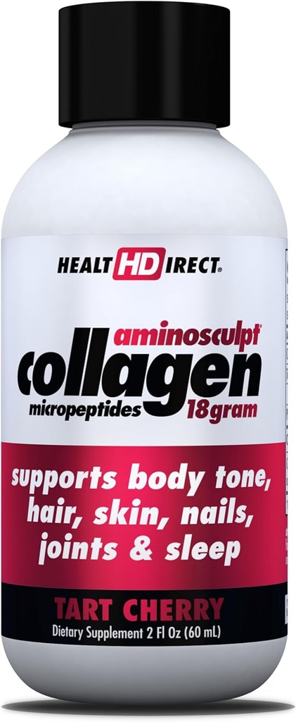 ZDRAVÍ DIRECT - Medical- Class Liquid Collagen Shots - AminoSculpt Sugar- Free - Tart Cherry - 12 Servings, (12pk, 2oz Shots) - Dobré pro klouby, kosti, & spánek - Lepší vlasy, kůže a nehty