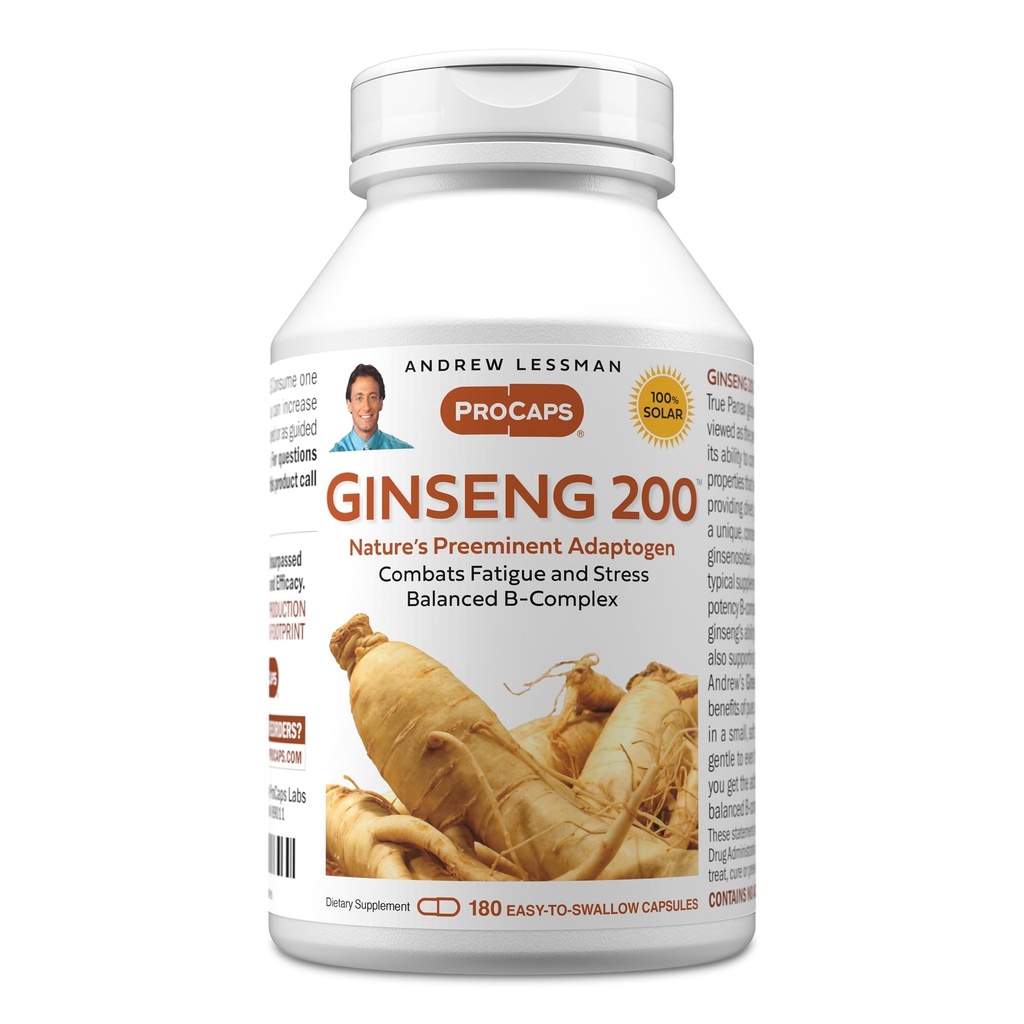 ANDREW LESSMAN Ginseng 200mg - 180 Capsules - Standardized Extract to Support Well-Being. Adaptogen, Combats Fatigue and Stress. Gentle, Small, Easy-to-Swallow Capsules. No Additives