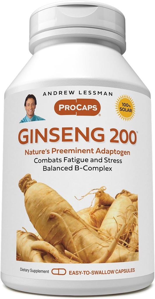 AndREW LESSMAN Ginseng 200mg - 180 Capsules - Standardized Extract to Support Well-Being. مُتكيفة، مُقاتلات (فاتيج) و(ستيز). لطيف، صغير، من السهل إلى سوللو كابسوليس. لا مضافات
