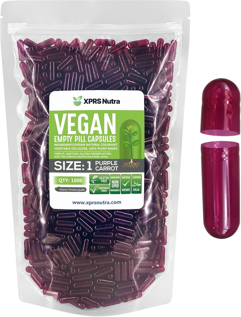 XPRS Nutra Velikost 1 Prázdné kapsle - 1000 hrabě Prázdné Vegan Kapsle - Vegetariánské Pills - DIY Zeleninové kapsle Fill- Veggie Pill Caps pro Do- It- Vaše vlastní doplňky (Purple Carrot)