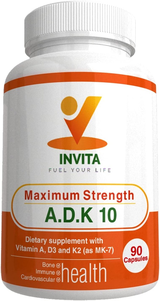 INVITA, ADK vitamin Supplement (10 000 IE) - ADK 10 Double Strength Vitamin A1, D3 & K2-MK7 – Lege formulert for bein, hjerte og immunstøtte – ikke-GMO, Glutenfri, 90 kapsler (3-måneders forsyning)