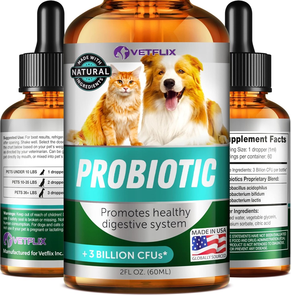 Premium Probiotics for Dogs, Cats - Enzymes & Prebiotics תוסף - Helps to Relieve Diarrhea, Vomiting, Upset Stomach, Gas, Constipation & Bad Breath - תמיכה במערכת העיכול - 2 Fl Oz Oz