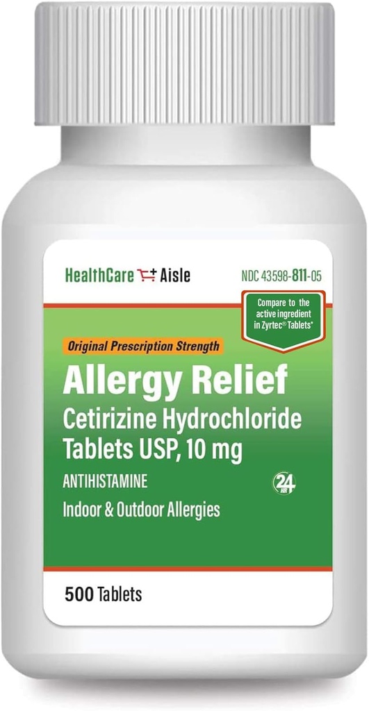 HealthCareAisle Alergy Relief - Cetirizine Sālsūdens tabletes USP, 10 mg - 500 tabletes - Oriģinālās receptes Stiprums Alerģija Zāles, 24- Hour Relief