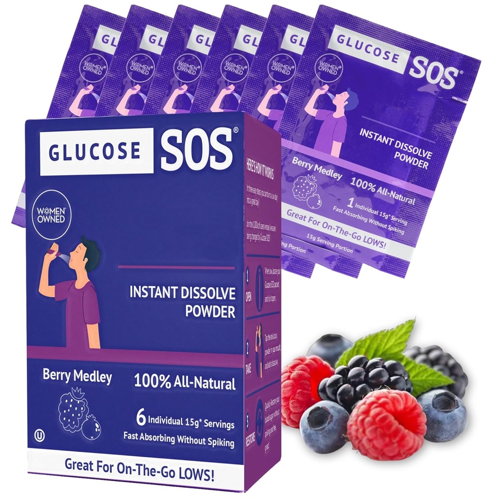 Glukos SOS Glucose Berry Medley Glucose Powder, Natural Dextrose Packets, Fast-Absorption, löser omedelbart, inget vatten behövs, 6 Sachets per box