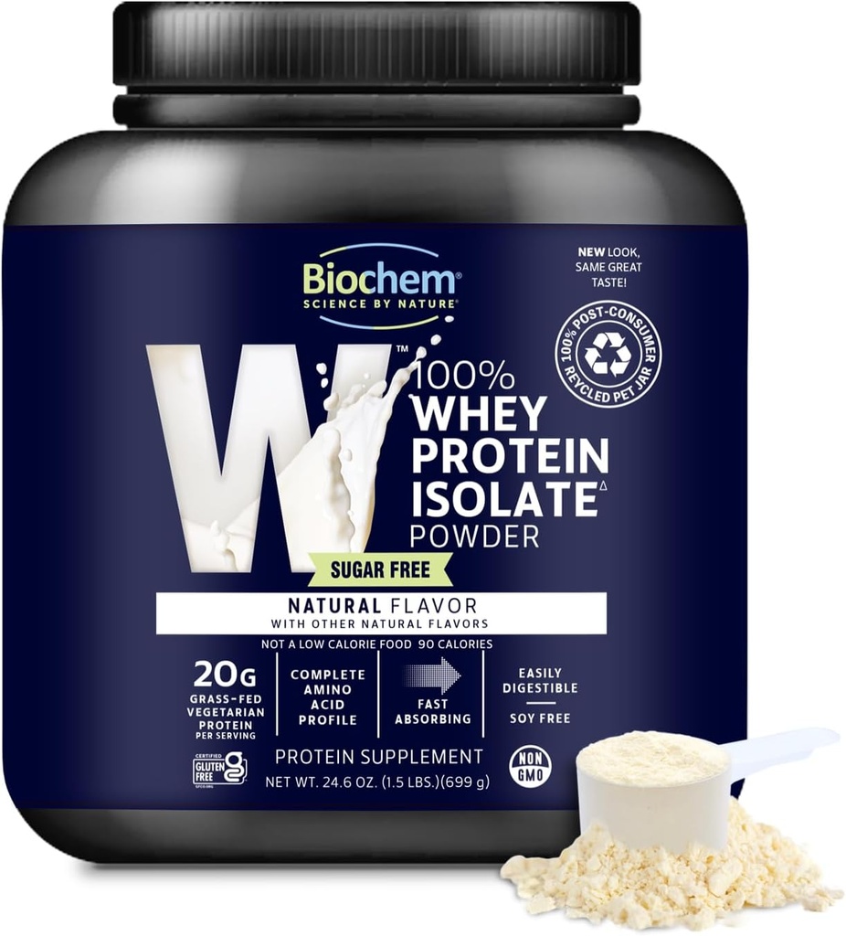 Biochem 100% Whey Isolate Protein Powder - Grass Fed, Low Carb, Keto-Friendly, Non-GMO, Gluten-Free - Supports Immune Health ' Muscle Recovery 20g Vegetarian Protein per Serving - Natural Flavor,1.5lb