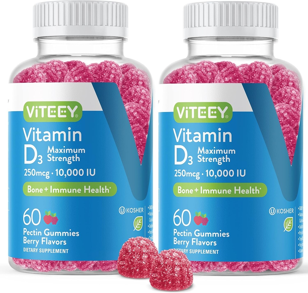 VITEEY Vitamin D3 Gummies for Dewata & Teens - 10.000 IU, 250mcg, Maximum Power - Gabungan & Muscle Health, Imune Boost - Disable Vitamin D Gummies - Vegetarian, Gelatin Free - Tasty Berry Flavored