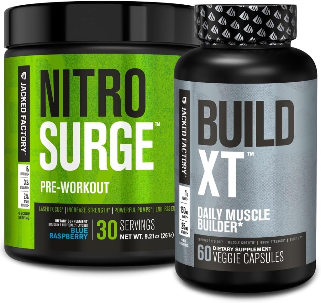 Jacked Factory Nitrosurge Pre-Workout in Blue Raspberry & Build XT Muscle Building Bundle for Men & Women