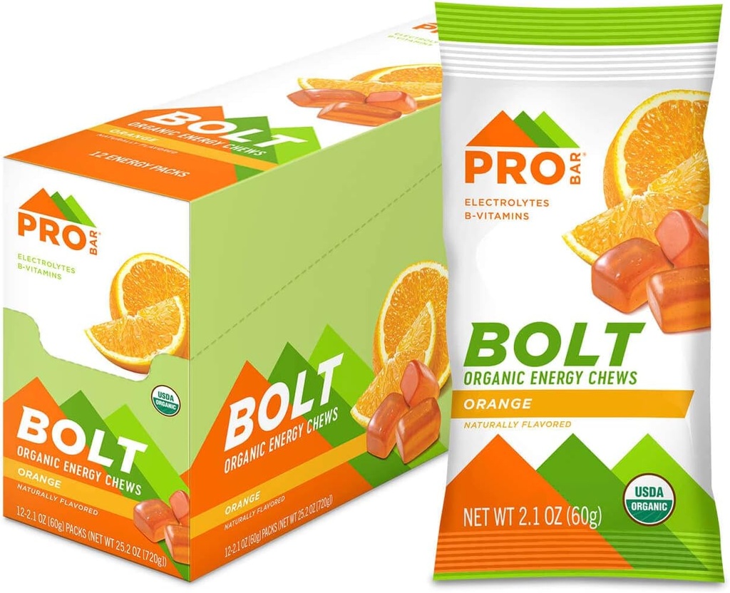 PROBAR - BOLT Énergie biologique Chews, orange, non-OGM, sans gluten, USDA certifié biologique, saine, énergie naturelle, Gommies de carburant rapide avec des vitamines B & C (12 comte)