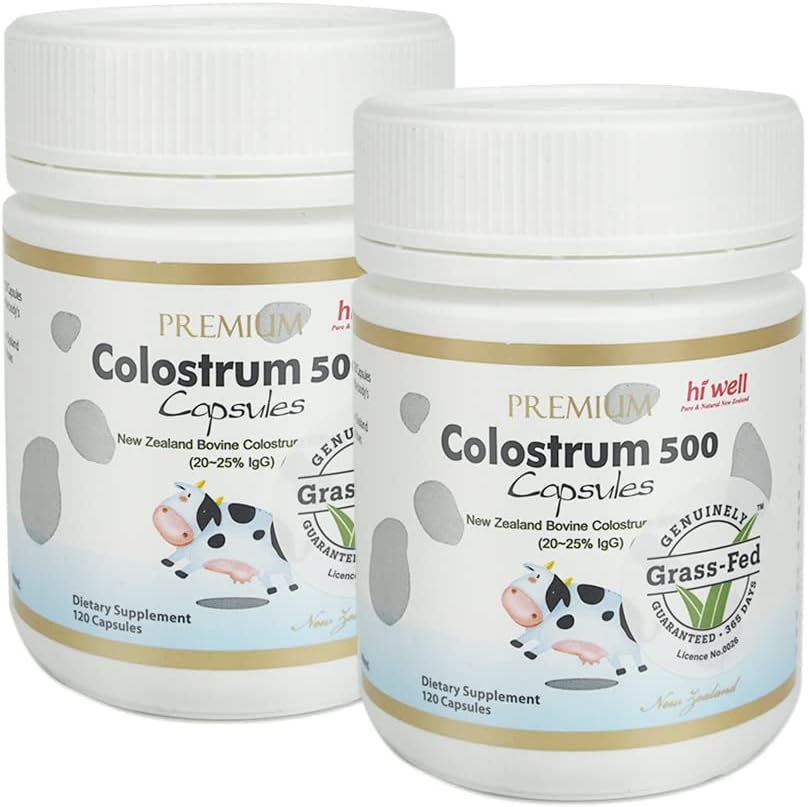(Pack von 2) Hi Well Premium 100% Pure Neuseeland Bovine Grass-Fed Colostrum 500 120 Kapseln