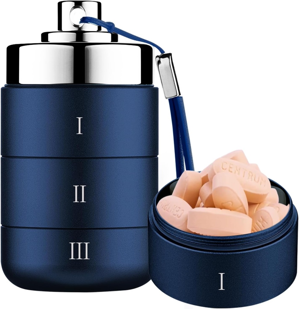 Metal Travel Pill Organizer, Kannettava vedenpitävä Päivittäinen pilleri laatikko, Suuri alumiini pilleri Case Container 3 Kerran päivässä vitamiini Organizer, Päivittäinen lääke Organizer vitamiini, kalaöljy, täydentää