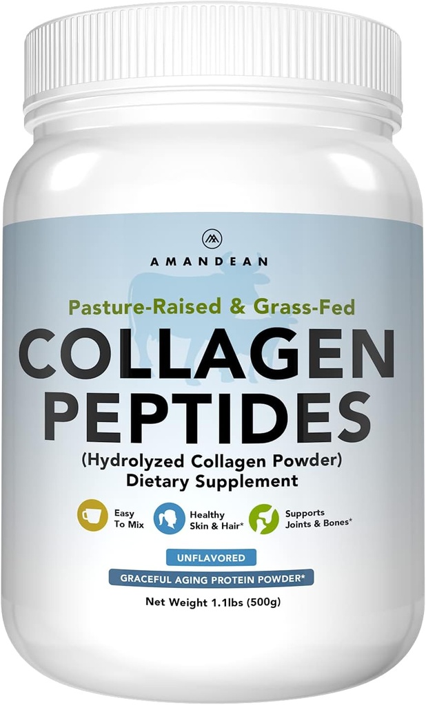 Amandean kollagenpeptider pulver (17,6oz). Gras-Fed Hydrolysert Protein Supplement. Fremmer sunne ledd, hud, hår, negler. Uslavored & lett å blande.