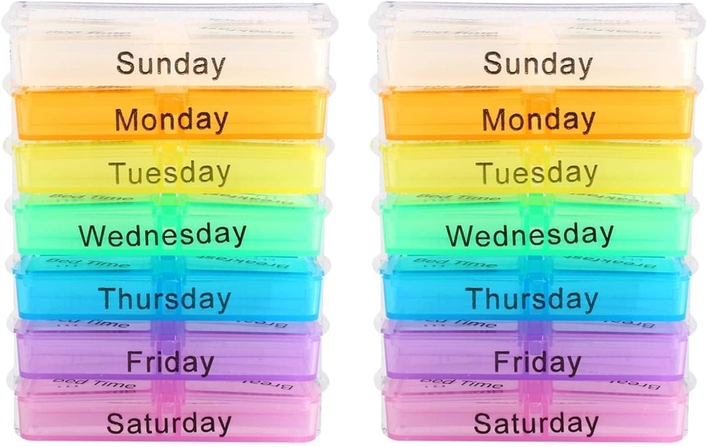 Pill Dispenser, 2 PCS Pill organizētājs 4 reizes dienā, 7 Day Pill Box Portable Travel Pill Case Stackable Pills Iedalījumi Personīgā medicīna Organizators vitamīnu Zivju eļļas Tabletes papildinājumi