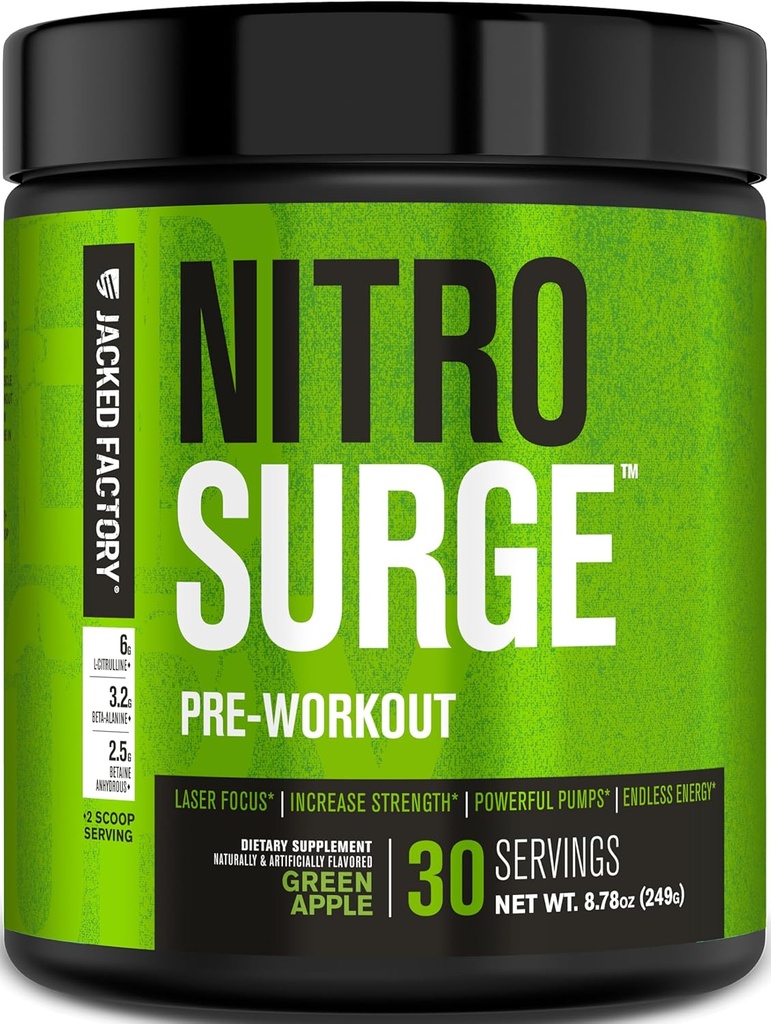 Jacked Factory NITROSURGE Pre Workout Supplement - Endless Energy, Instant Strength Gains, Clear Focus, Intense Pumps - NO 부스터 및 강력한 Preworkout Energy Powder - 30 서빙, 그린 애플