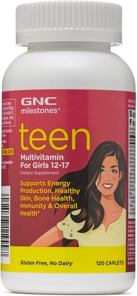 GNC Milestones Teen Multivitamina para nenas 12-17, 120 cápsulas, apoia a produción de enerxía e pel saudable, saúde ósea e inmunidade