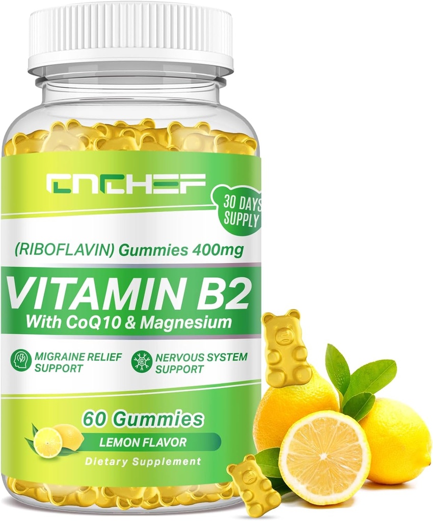 Vitamin B2 Gummier til voksne & Børn - Riboflavin 400mg tillæg med Magnesium Glycinate & CoQ10, Support Migræne Relief & Nervesystemet, Boost Energy, Sugar Free Vegan B2 Gummies Lemon Flavor