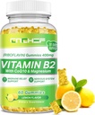 Vitamina B2 Gummies para adultos e nenos - Riboflavin 400mg Suplemento con glicinato de magnesio e CoQ10, apoio Migraine Relief & Nervous System, impulso de enerxía, Sugar Free Vegan B2 Gummies Lemon Flavor