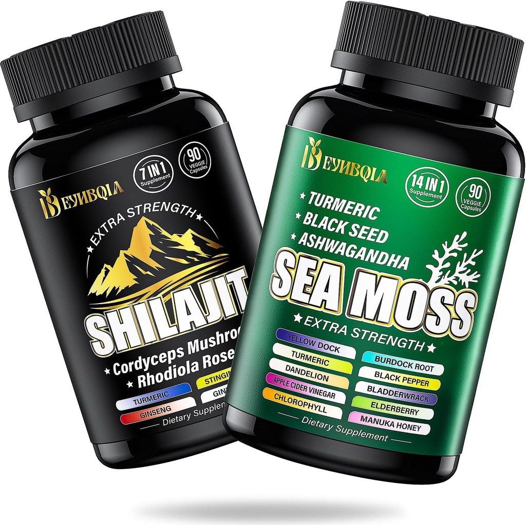 Sea Moss and Shilajit Bundle - 90AD Telling - Sea Moss, Black Seed Oil, Ashwagandha, Turmeric & Shilajit, Rhodiola Rosea,Burdock, Bladderwrack 21 in 1 Supplementen (2 Packs)