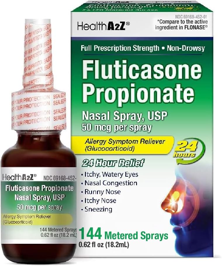 HealthA2Z® Fluticasone Proionate Nasal Spray | 50 mcg per Spray | 24 Hour Allergy Relief | 144 Sprays | 0.62 oz.18.2mL) (0.62 floz. (Pack of 1)