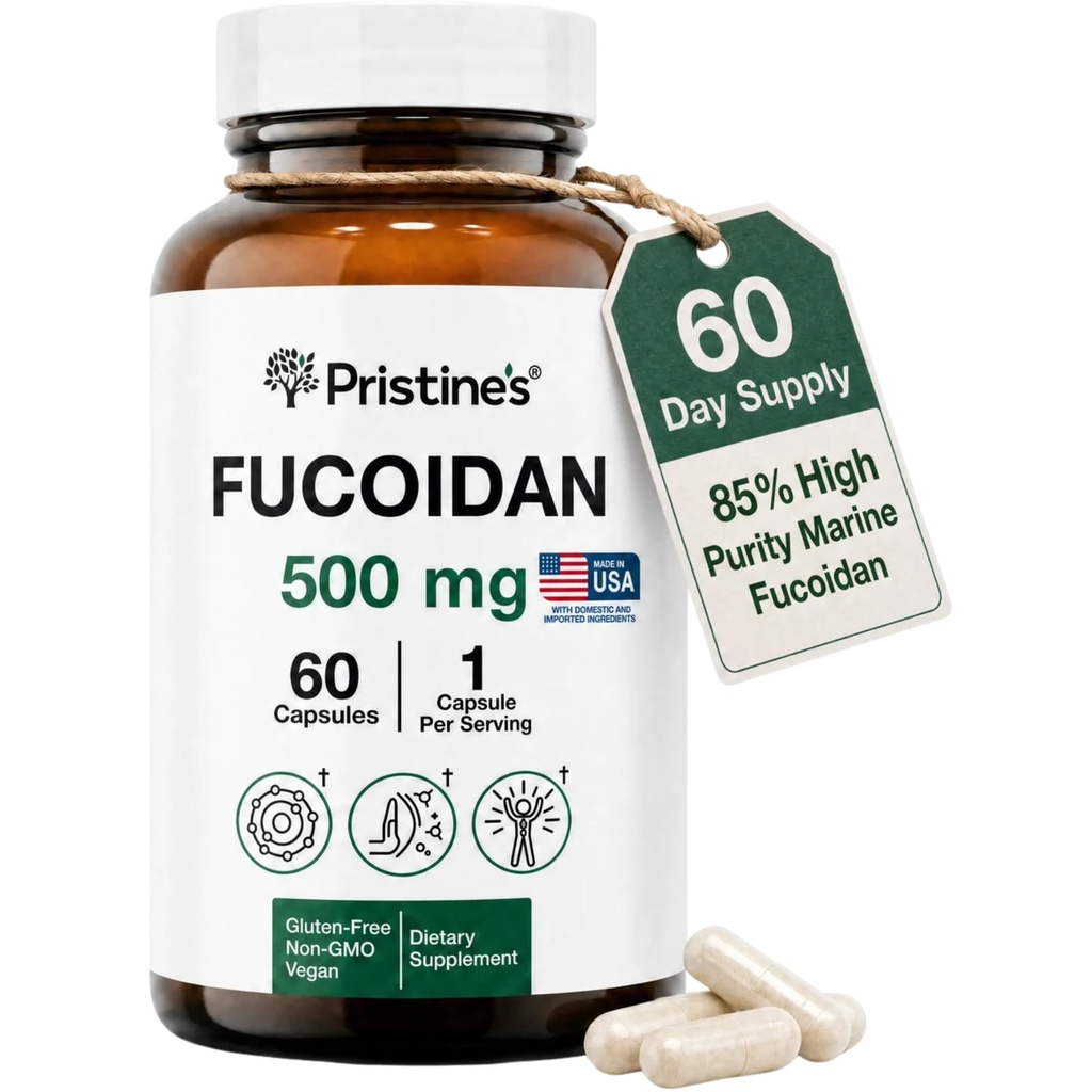 PRISTINE'S Fucoidan 500MG Immunity Supplement Capsules - 60 Day Supply - Brown Seaweed Extract - Potent Herbal Antioxidant Lung Health & Skin Health Support