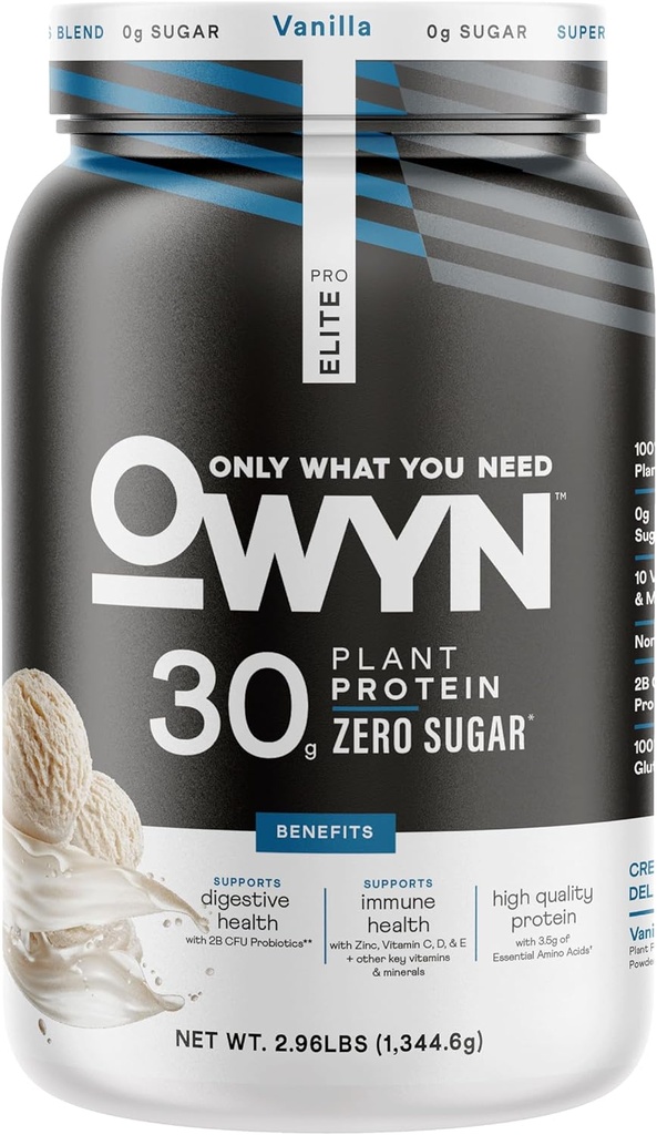 OWYN Sólo lo que usted necesita Pro Elite Vegan 30g Polvo de alta proteína de base vegetal, azúcar cero (Vanilla, 2.9 libras)