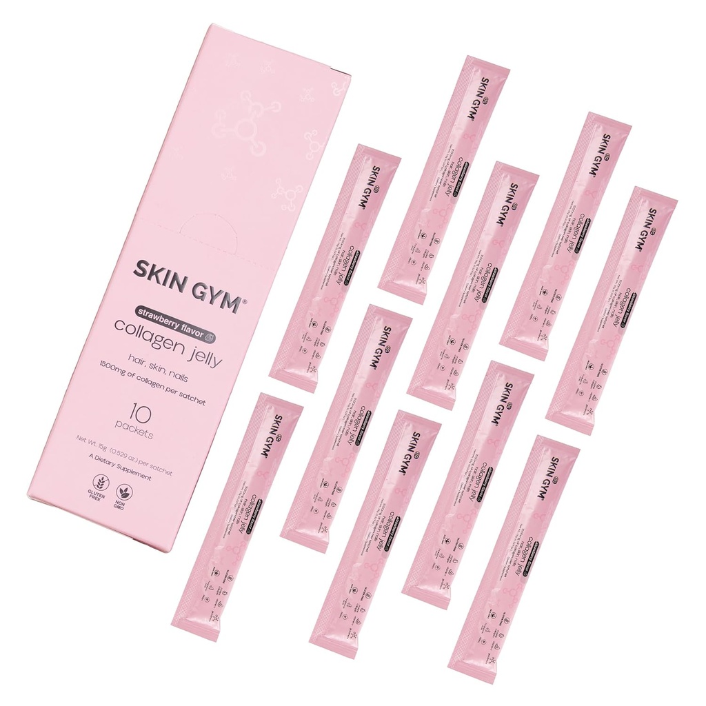 Skin Gym Collagen Jelly 10-Pack, Collagène marin, vitamine C et acide hyaluronique, supplément beauté quotidienne pour cheveux, peau et ongles, goût de fraise, 10 Pack