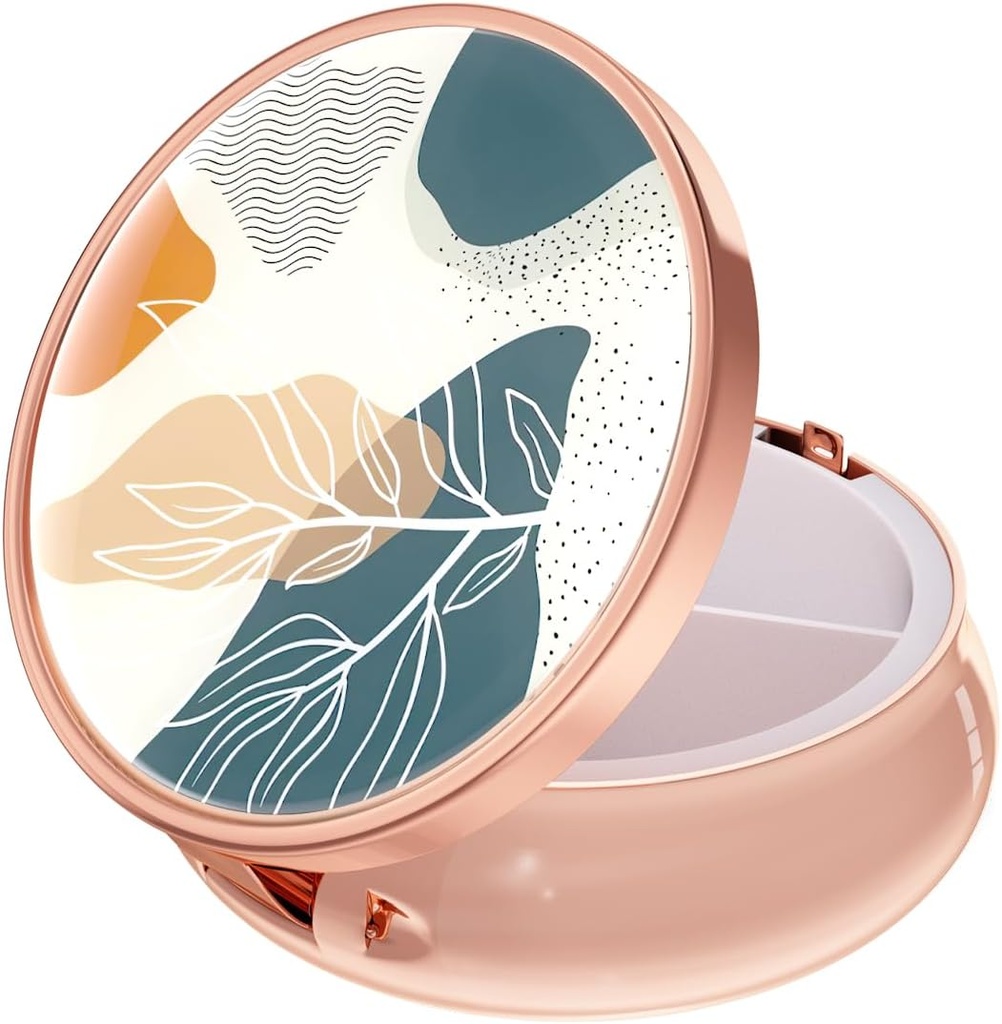 Rouidr Pill Box, 3 Compartment Medicine Pill Case, Small Metal Travel Medicine Box pre Purse & Pocket, Rose Gold, Abstract Boho Leaf