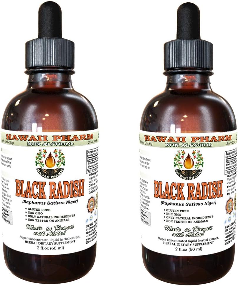 Hawaii Pharm Black Radish Alcohol-free Liquid Extract, Black Radish (Raphanus Sativus Níger) Glicerite de raiz seca Natural Herbal Suplemento 2x2 oz