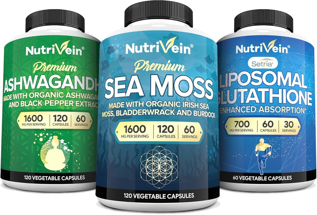 Nutrivein Premium kapsule irskega morskega maha, Ashwagandha in liposomski glutation dopolnilo: morski moss, zmanjšani glutation, & Ashwagandha dodatki za imuniteto, Mood, Digestion, & Detox