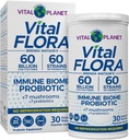 Planet Vital - Vital Flora Immune Dukung Probiotik, 60 Billion CFU Strains, 7 Organic Mushroom Blend with Pregren, Shelf Stable Digetical Health Profestion 30 Kapsul