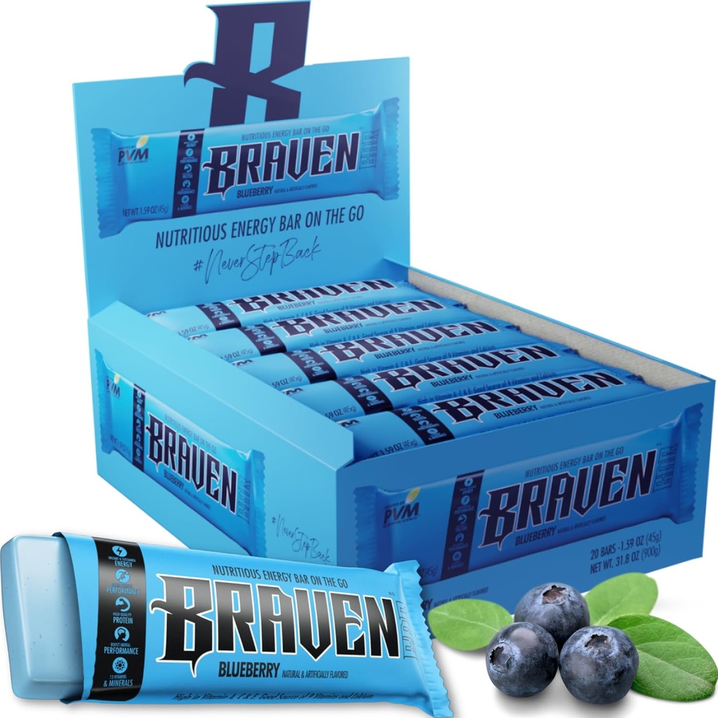 Braven Bar Blueberry Energy Bars (1,59 oz, pakend 20) - Energia närib 5 g valguga - On-the-Go energia suupisted jooksmiseks, matkamiseks ja spordiks - Gluteenivabad suupisted jätkusuutliku energia suurendamiseks