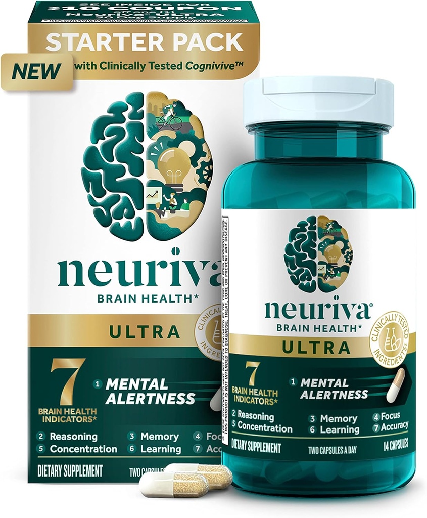 NEURIVA Ultra Decaffeïnated Clinically Tested Nootropic Brain Supplement for Mental Alertness,Memory,Focus & Concentration,Cognivive,Neurofactor,Phosphatidylserine,Vitamins B6 B12,14ct Capsules