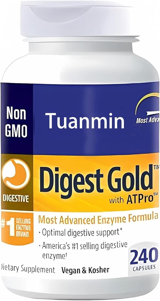 Digest Gold + ATPro Enzyme Supplement - Maximális szilárdsági képlet az emésztéshez - Támogatja a nagy ételek emésztését, segít csökkenteni a puffadást és a gázt, 240 kapszula