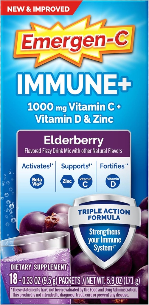 Emergen-C Imune+ Triple Action Immune Support Powder, BetaVia (R), 1000mg Vitamin C, B Vitamini, Vitamin D in antioksidanti, Bederberry, Nazaj v šolo Essentials – 18 Count
