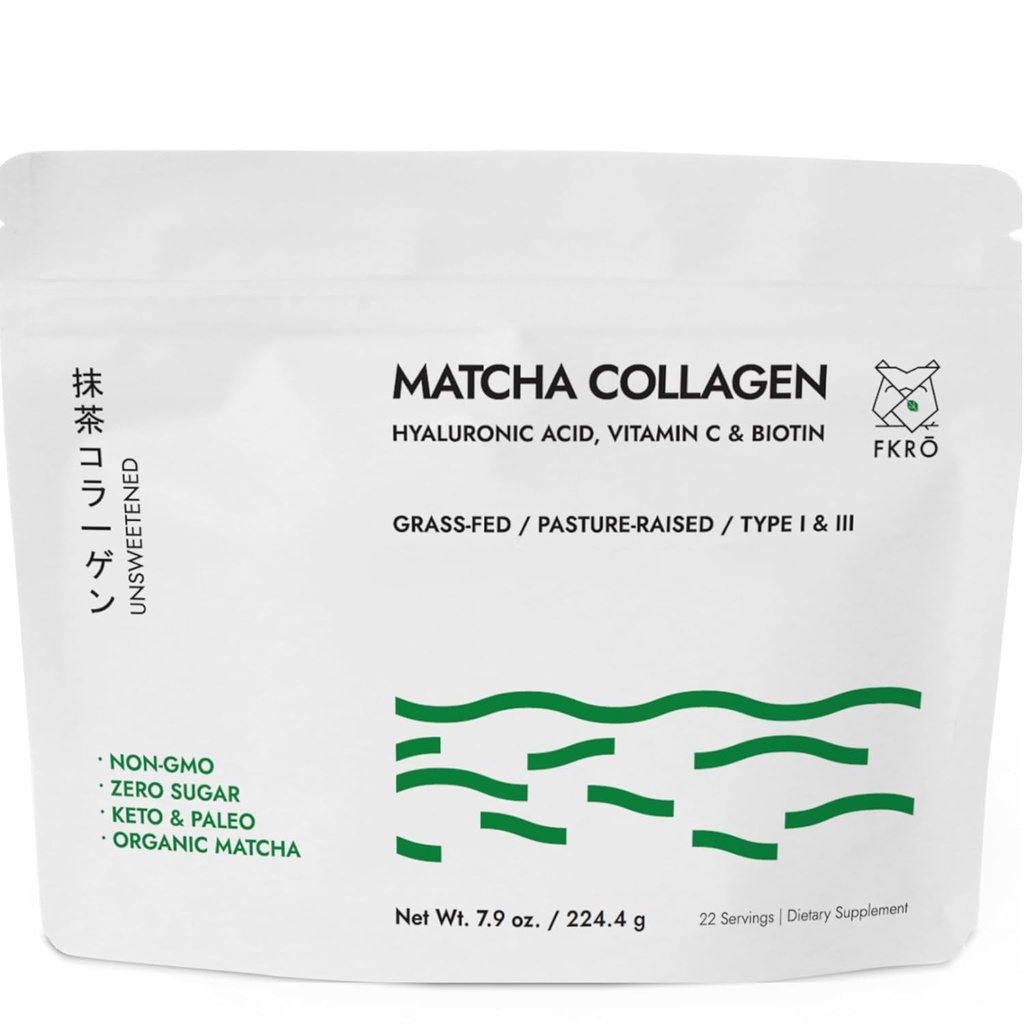 FKRO Matcha Collagen Powder w Biotin, Hyaluronic Acid & Vitamin C - 健康头发,皮肤和钉子 - 天然型 I & III 水解 Collagen Powder, 无甜的 Matcha Latte - 22 services, 7.9oz